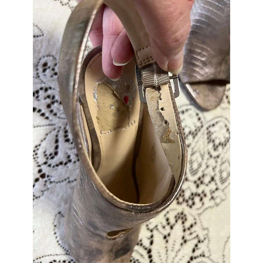 Vince Camuto Metallic Bronze Peep Toe Slingback Booties Lizard Embossed Heels 8M